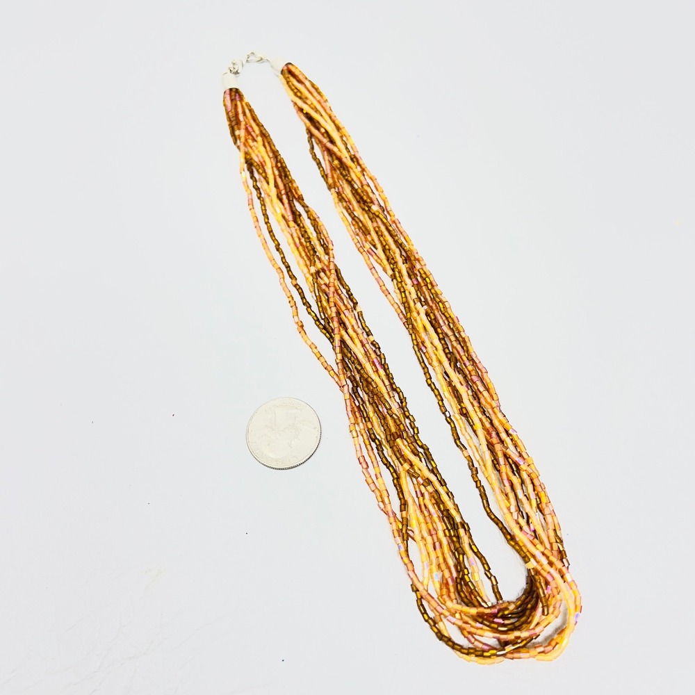 Multistrand Seed Bead Necklace Earth Tone Brown Amber Gold Iridescent Bohemian